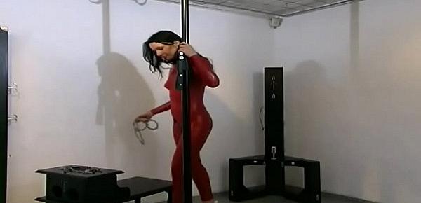  Girl in red latex gets rid from any chain